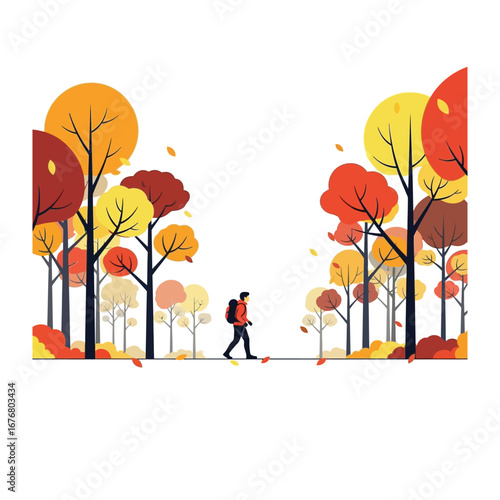 Autumn Hike Silhouette: A solitary hiker walks into an illustrative autumnal scene surrounded by vibrant trees, capturing the essence of adventure and the beauty of nature's seasonal transformation.