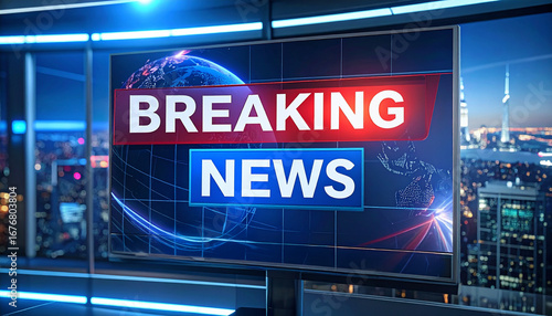 Breaking News banner displayed on a large screen, conveying information with a world map background and the city in the background