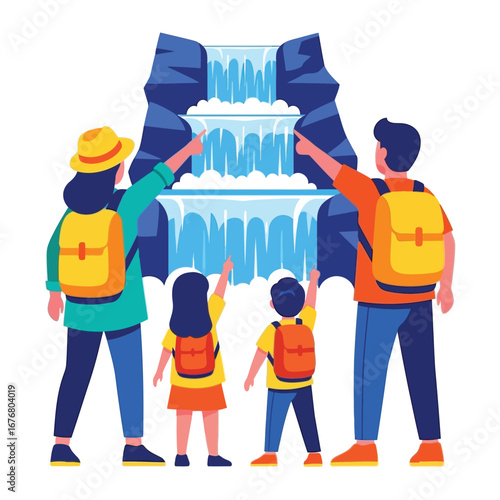 Family's Grand Waterfall Adventure: A cheerful family, each with a backpack, marvels at a towering, cascading waterfall, pointing excitedly at the breathtaking scenery. A journey into nature's wonder.