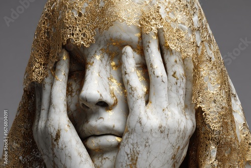 Close-up of a veiled ceramic sculpture.  A woman's face, covered by hands and a gold lace veil,  is rendered in a pale white ceramic with gold accents