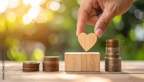 A hand carefully placing a wooden heart on top of stacked wooden blocks, next to piles of coins. It's a visual metaphor of love and financial growth.