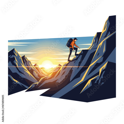 Climbing the Summit: A determined hiker, equipped with backpack, courageously ascends a steep, jagged mountain towards the radiant sunrise, symbolizing ambition and perseverance.