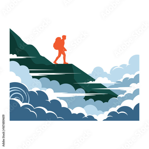 Mountain Climber's Adventure: An orange silhouette of a mountain climber on an exhilarating journey, framed by majestic mountain peaks, lush green forests, and a sea of clouds.