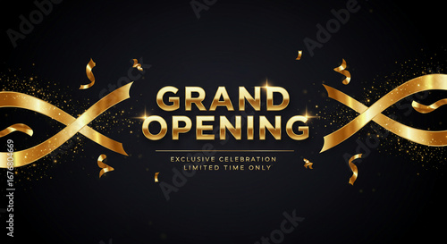 Celebrate grand opening with golden ribbons and confetti on elegant black backdrop