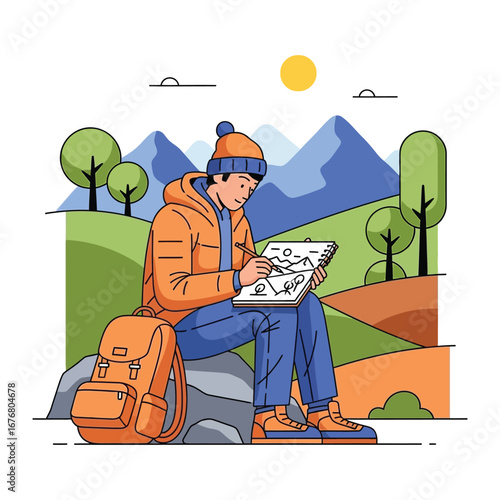 Artist in the Wilderness: A young, contemplative artist finds inspiration in the great outdoors, sketching the serene landscape while seated near a backpack and enjoying the sunlight.