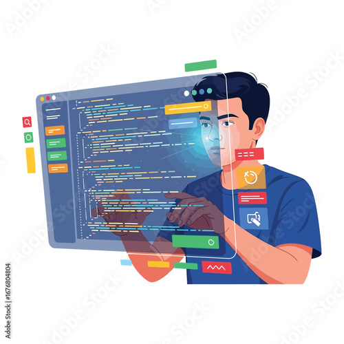 Coding Visionary: A skilled coder immersed in a futuristic augmented reality, demonstrating his ability to innovate and create through digital expertise.