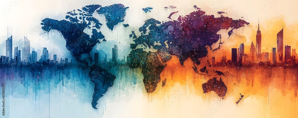 Fototapeta premium A vibrant color coded world map showcasing the population density and cultural diversity across continents and major cities