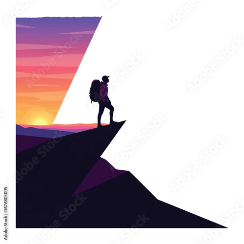 Facing the Dawn's Majesty: A silhouetted solo hiker, with backpack, pauses atop a mountain peak, gazing at the rising sun's vibrant hues across a majestic landscape.