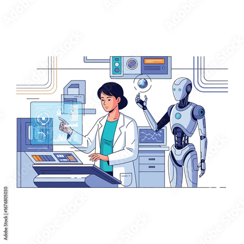 Innovation in tandem: A scientist and a robot collaborate harmoniously, exploring the cutting edge of technology