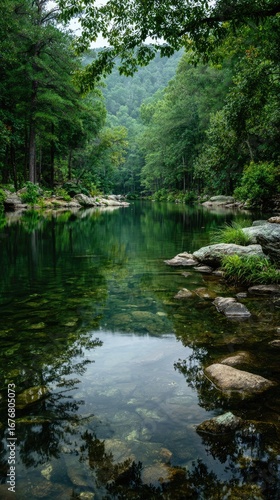 Tranquil river scene surrounded by lush green trees and clear water