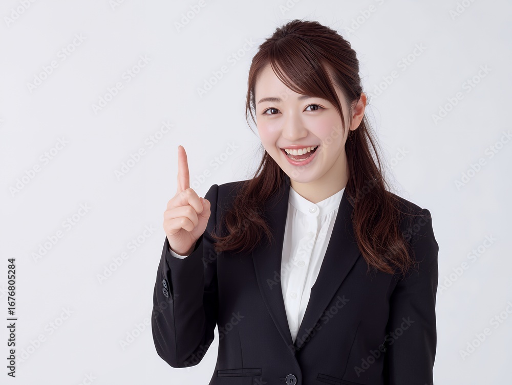 指を立てて説明する笑顔のビジネスウーマン 指を立てて説明する笑顔のビジネスウーマン
