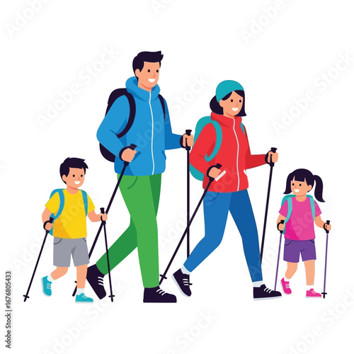 Family Adventure on the Trail: A cartoon depiction of a family embarks on an active hike, showcasing the joy of outdoor exploration and the close bonds of family life.