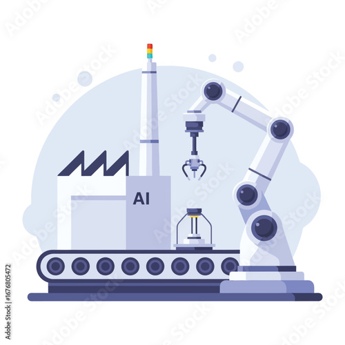 Automation in Action: A sleek, modern industrial scene showcases a factory integrated with robotic arms, highlighting AI-driven production and automated processes.