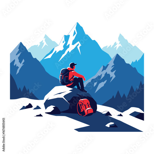 Mountain Majesty: A solo hiker finds serene solitude atop a towering peak, surrounded by a panorama of snow-capped summits. He is ready to explore the majestic mountains.