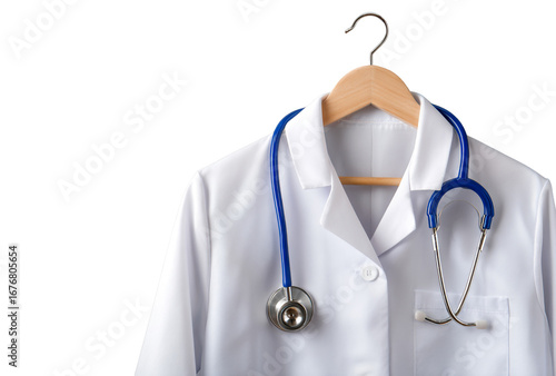 Doctors white coat with a stethoscope hanging on a wooden hanger on a transparent background