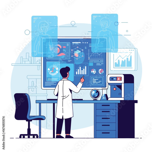 Lab Data Analysis: In a modern lab setting, a dedicated scientist meticulously studies and analyzes complex data, charting insights, surrounded by cutting-edge technology and visualized information