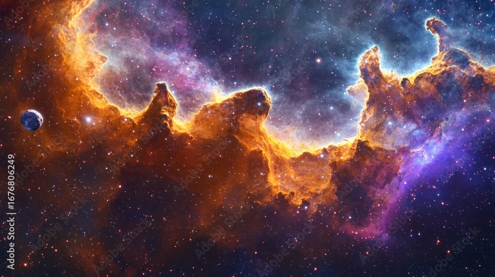 Fototapeta premium A cosmic view of outer space with floating asteroids and nebulae
