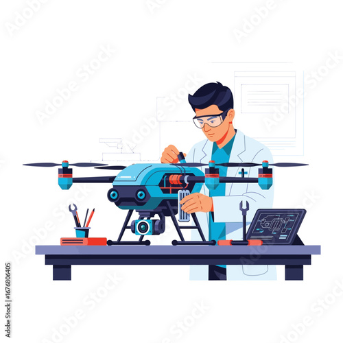 Precision and Innovation: A technician meticulously inspects and maintains a drone, highlighting cutting-edge technology and the careful process of aviation technology.