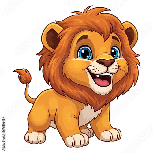 Adorable cartoon lion cub roaring happily with a majestic mane and big blue eyes vector