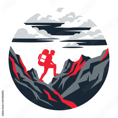 Uphill Journey: A determined hiker with a backpack ascends a rugged mountain path towards a dramatic sky, symbolic of ambition and perseverance. 