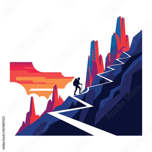 Ascending Heights: A determined adventurer embarks on a challenging journey, ascending a rugged mountain path towards a vibrant sunset sky.