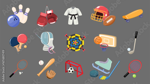 Sports equipment set cartoon illustration on gray isolated background . Vector .