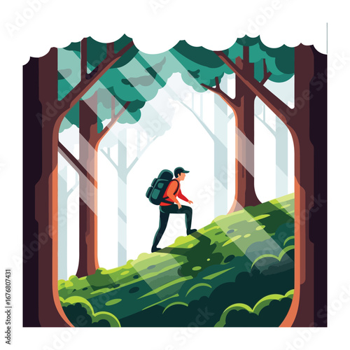 Adventurer in the Woods: A determined adventurer, fully equipped with a backpack, fearlessly ascends a lush, sun-dappled hillside.