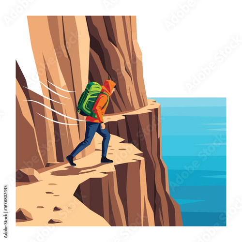 Cliffside Adventure: A lone hiker, equipped with a sturdy backpack, courageously treads a narrow cliffside path, with breathtaking vistas of the sea. capturing the spirit of exploration and challenge.