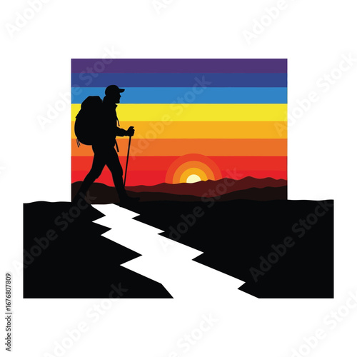 Journey's Horizon: A determined hiker ascends a mountain path toward the vibrant, painted horizon, embodying adventure and perseverance. 
