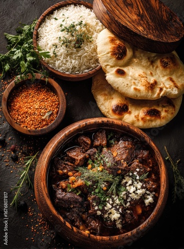 Hearty, spiced beef stew served with rice and naan.  Dark, rustic bowls hold the ingredients, atop a dark slate surface.  Spices and fresh herbs are scattered around