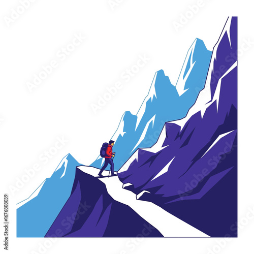 Summit Seeker: A solitary figure ascends a rugged mountain path, embracing the challenge of reaching the summit amidst a stunning display of natural grandeur.