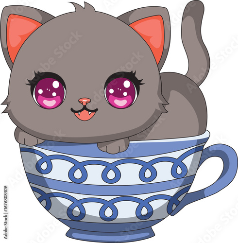 Cute Playful Cat In Coffee Mug Cartoon Kitten Vector