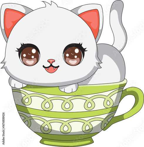 Kawaii Cat In A Mug Illustration Kitten Feline Mascot Vector