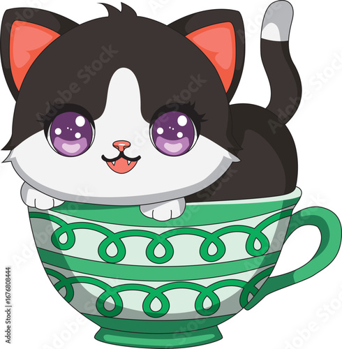 Coffee Cup With Cat Sitting Inside Kitten Mascot Illustration Vector