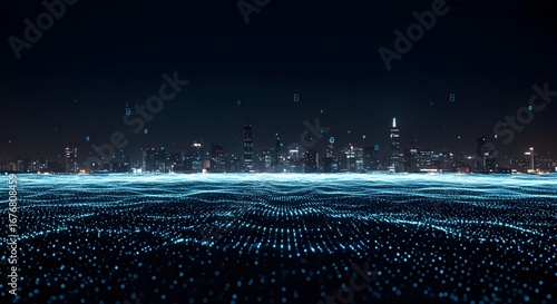 Dynamic cityscape at night with data overlay representing digital future