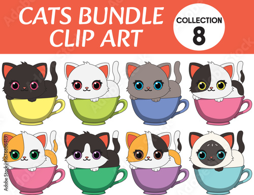 Cute Funny Cat In Coffee Cup Mug Collection Cat Bundle Clip Art Vector Feline Mascot