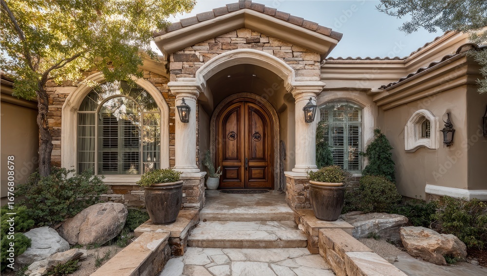 Obraz premium Grand entryway to a luxury home. Stonework, arches, and wooden double doors