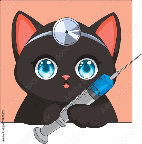 Surgeon Cat With Injection Medical Profession Kitten Cartoon Sticker Vector