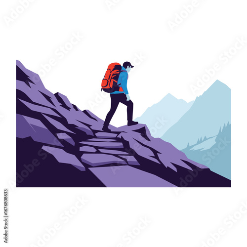 Conquering the Ascent: A determined hiker tackles a challenging mountain trail, showcasing resilience and the pursuit of elevated perspectives and rewards.