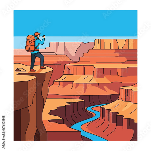 Spectacular Canyon Adventure: An illustration shows a lone traveler stands on the edge of a magnificent canyon. capturing the spirit of adventure.