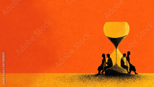 Silhouette figures sit around an hourglass on a vibrant orange background