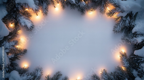 Frosted Christmas pine branches with glowing golden fairy lights on a textured stone background, festive winter holiday frame design for seasonal celebration, New Year greeting
