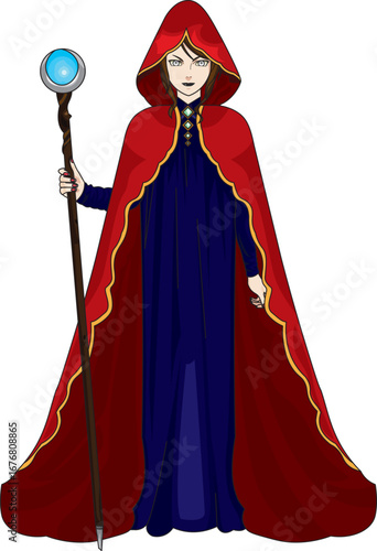 Beautiful Witch Manga Magician Sorcerer Character With Cape And Wand Mage Vector
