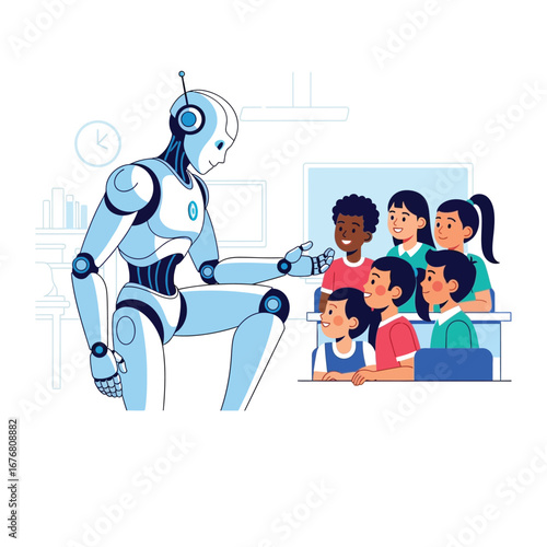 AI Teacher Guiding Pupils: A futuristic educational scenario unfolds as a sleek AI teacher interacts with a diverse group of pupils in a classroom.