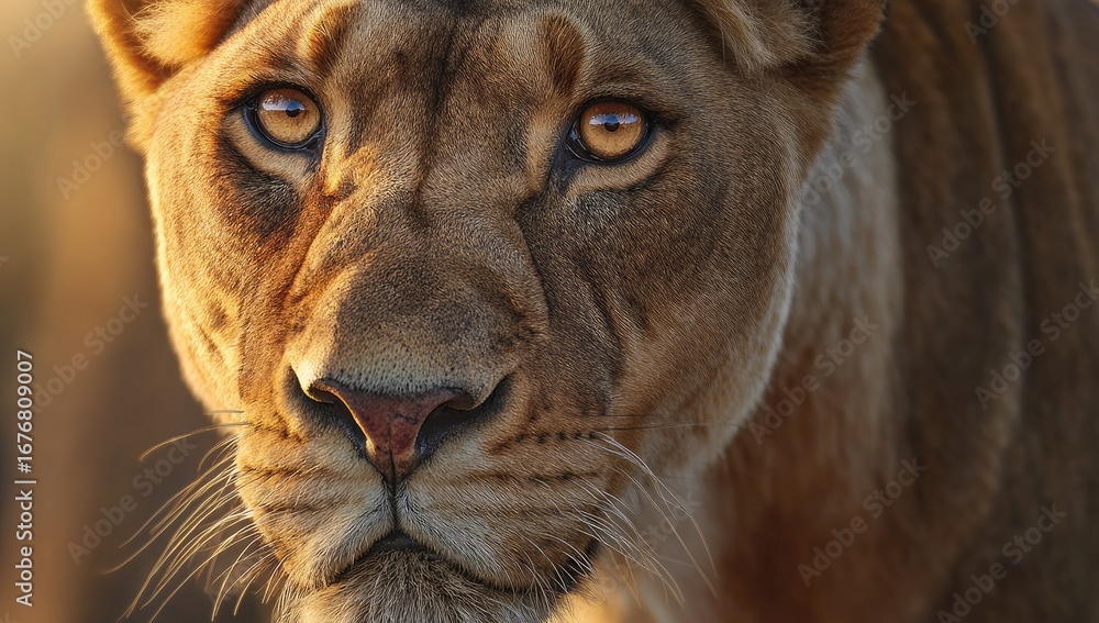 Fototapeta premium Close-up of a lioness's face, amber eyes