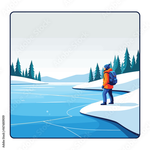 Winter Explorer's Vista: A lone explorer, adorned in winter attire, stands at the edge of an icy expanse, taking in the splendor of a snowy landscape under a serene sky.