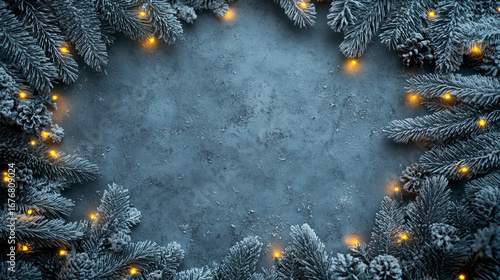 Frosted Christmas pine branches with glowing golden fairy lights on a textured stone background, festive winter holiday frame design for seasonal celebration, New Year greeting