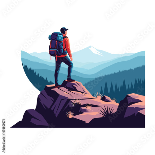 Solitary Summit: A lone hiker stands atop a rugged peak, backpack in tow, surveying a panorama of majestic mountain ranges, embodying a spirit of adventure and the allure of the great outdoors.