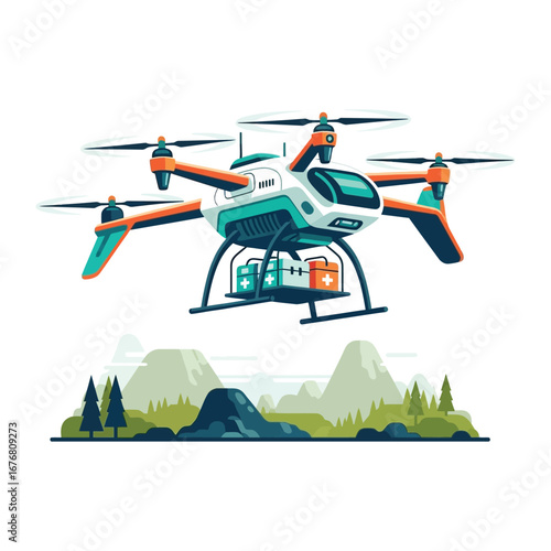 Drone Delivers: A technologically advanced drone delivers medical supplies amidst a mountainous backdrop, emphasizing innovation and rapid response in a dynamic illustrated scenario.