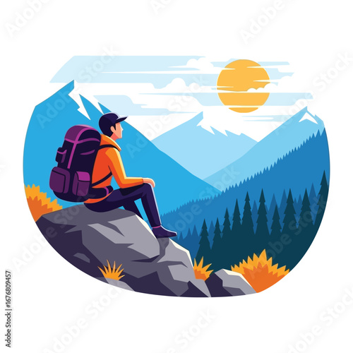 Mountain Serenity: An adventurous individual sits atop a rugged boulder, gazing at a majestic mountain vista, basking in the warmth of the sun, with the towering peaks in the background. 